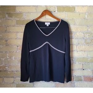 Ann Taylor Loft Black V-Neck Sweater Crochet Trim White Detail XL Mens